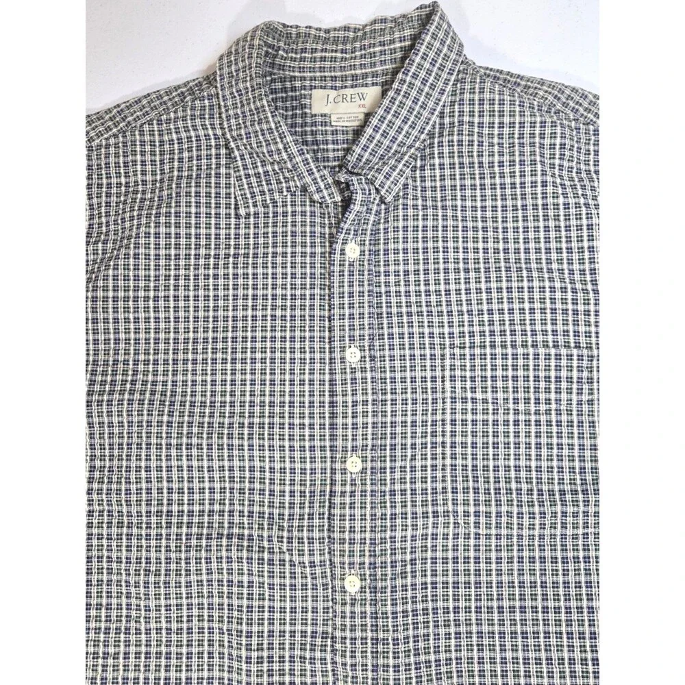 J. Crew Men’s Blue White Green Gingham Seersucker  Button-Down Shirt Size XXL